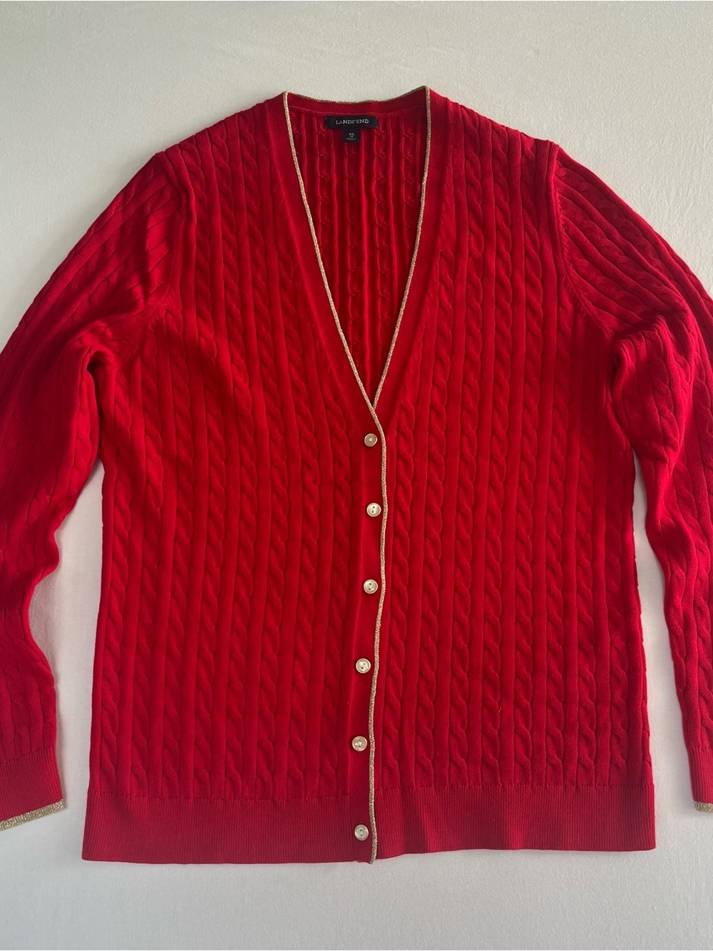 Lands End Woman Red Gold Trim Faux Pearl Buttons Cable Knit Cardigan Sweater XL